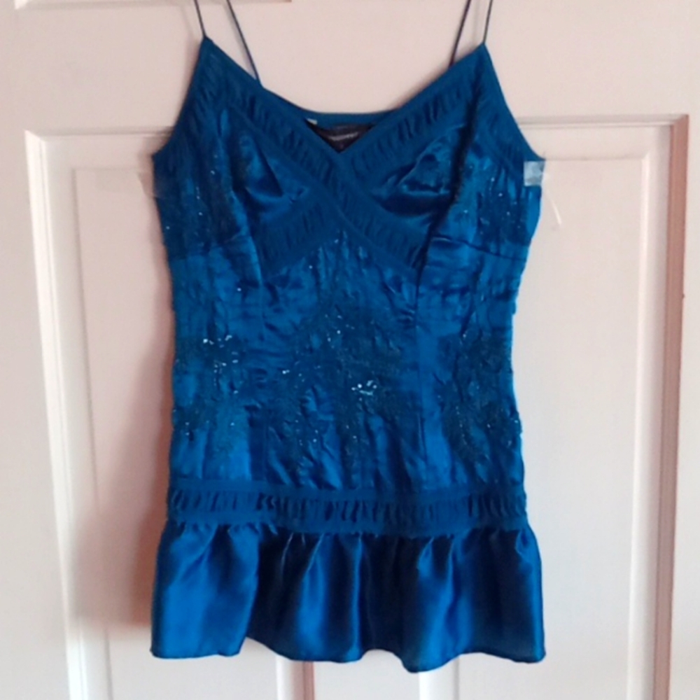 NWT 100% Silk Blue Sequined Top with Spaghetti Straps, French Connection, Size 2